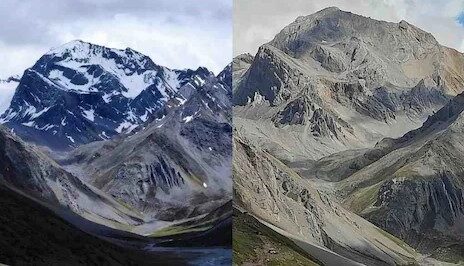 The iconic Om Parvat in Uttarakhand's Vyas Valley, showing the rare sight of its natural "Om" symbol without any snow, highlighting concerns about climate change and environmental shifts.